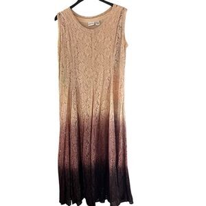Newport News Boho Maxi Dress Size 10 Brown Ombre Lace Overlay Layered Full Sweep